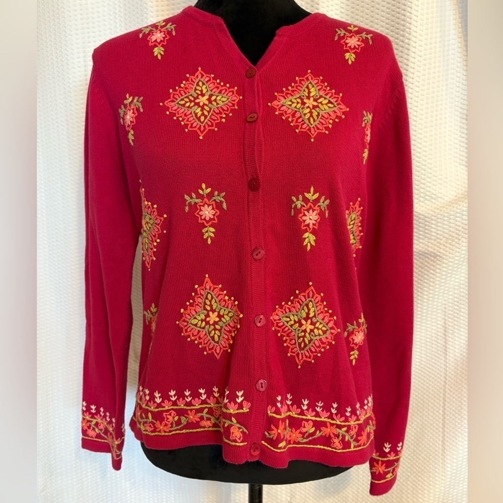 Talbots floral embroidered v-neck cardigan sweater size medium